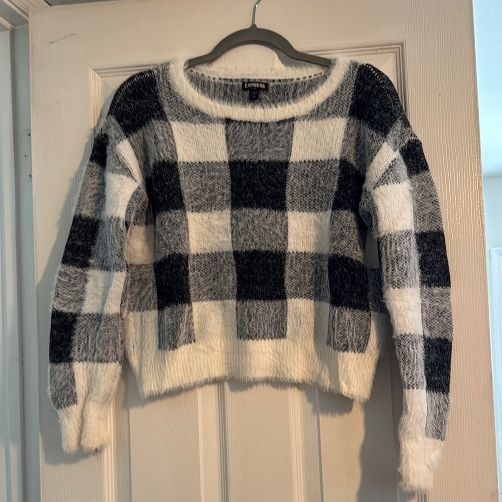 Express Black and White Crew Neck Sweater with Bold Check Pattern